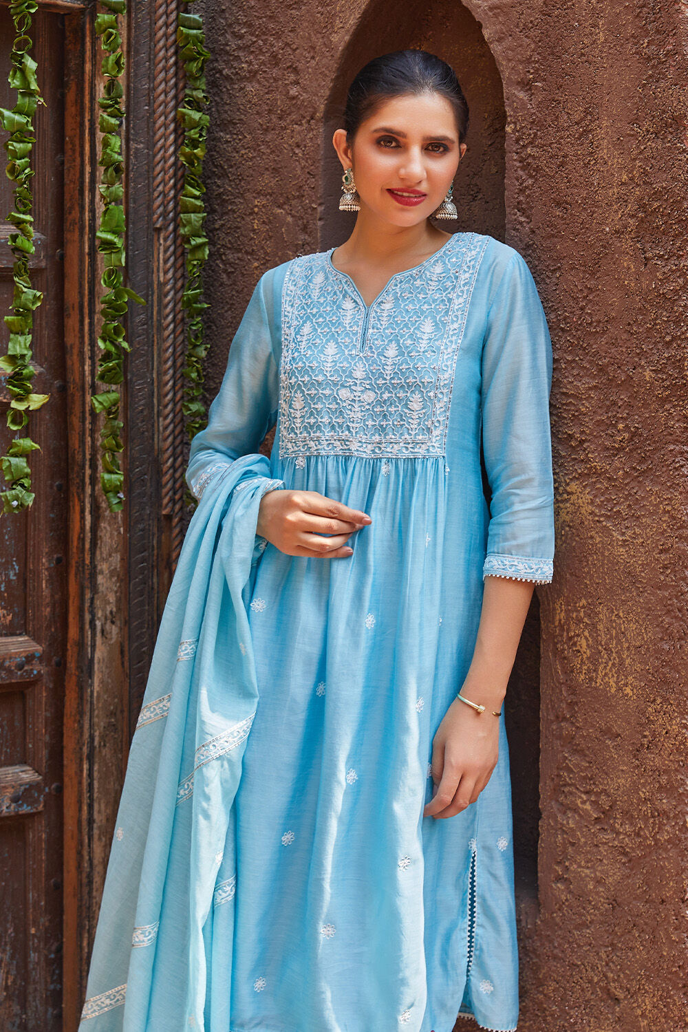 Sky Blue Cotton Blend Layered Kurta Salwar Suit Set image number 0