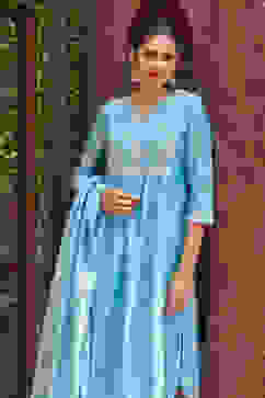 Sky Blue Cotton Blend Layered Kurta Salwar Suit Set image number 0