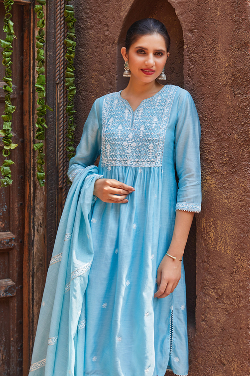 Sky Blue Cotton Blend Layered Kurta Salwar Suit Set