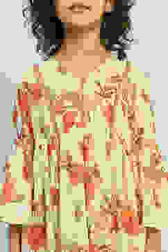 Beige Floral Printed Gathered Flared Dress image number 1