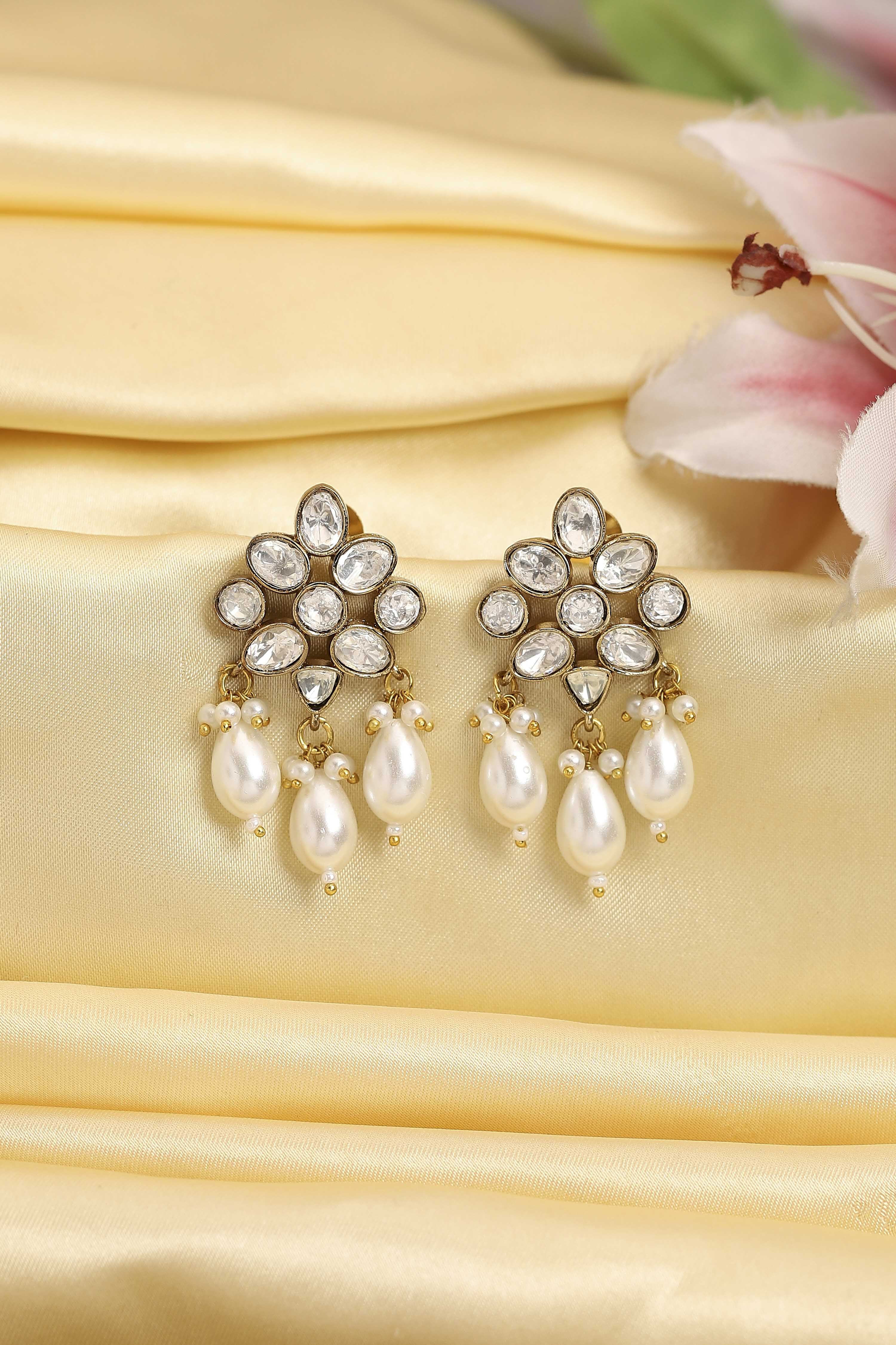 White Gold Plated Brass Studded Drop Earrings image number 0