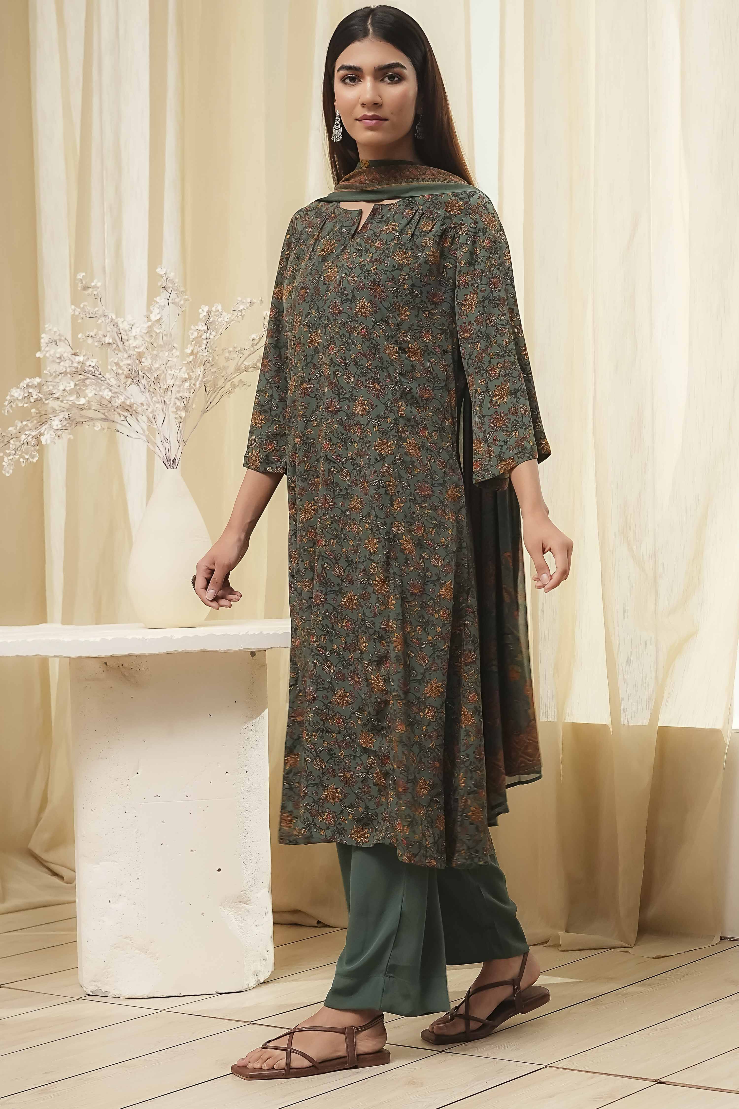 Green Art Silk Straight Suit Set image number 3