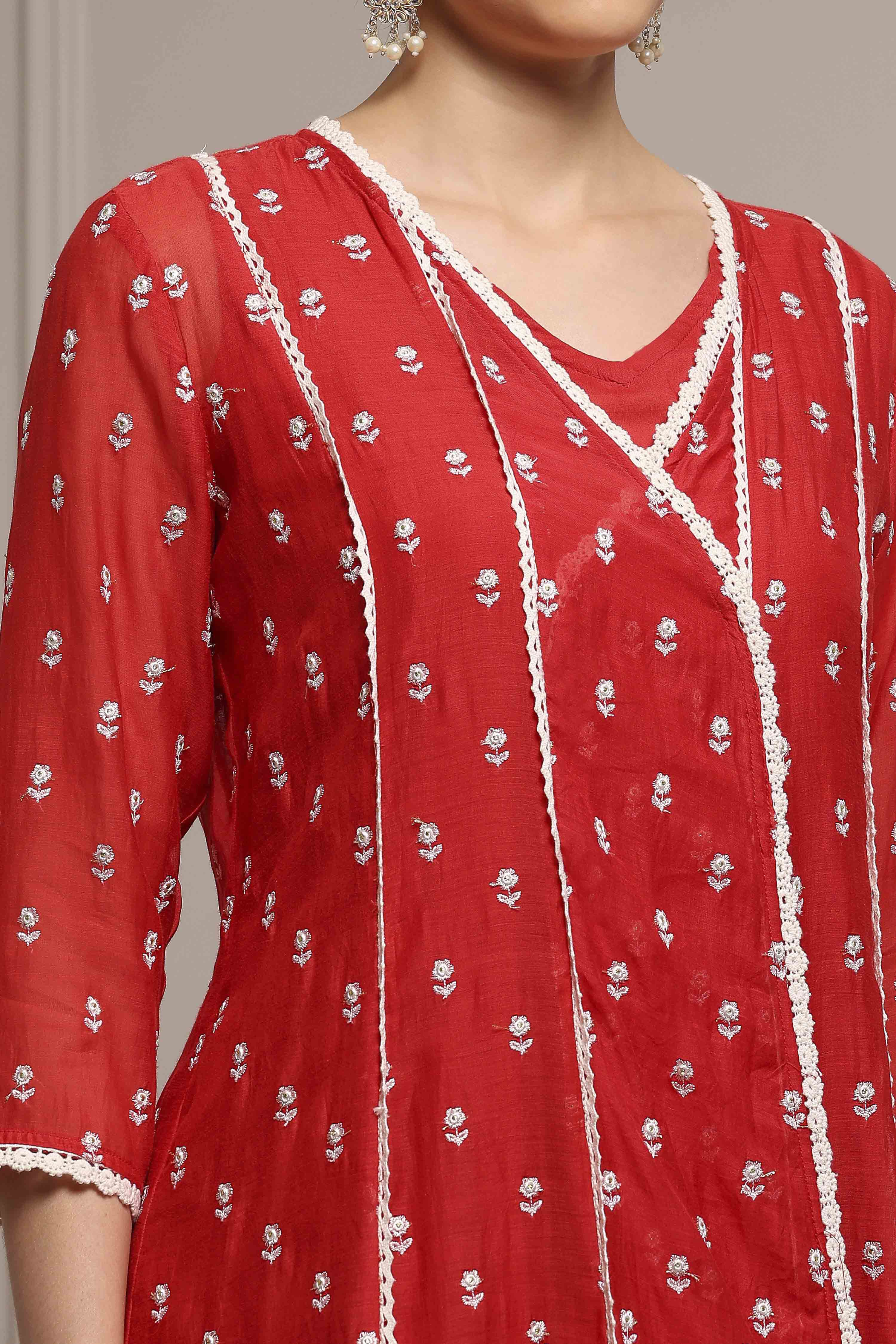 Red Chanderi Embroidered Kalidar Suit Set image number 1