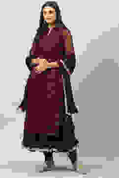 Wine Art Silk Layered Kurta Churidar Suit Set image number 6