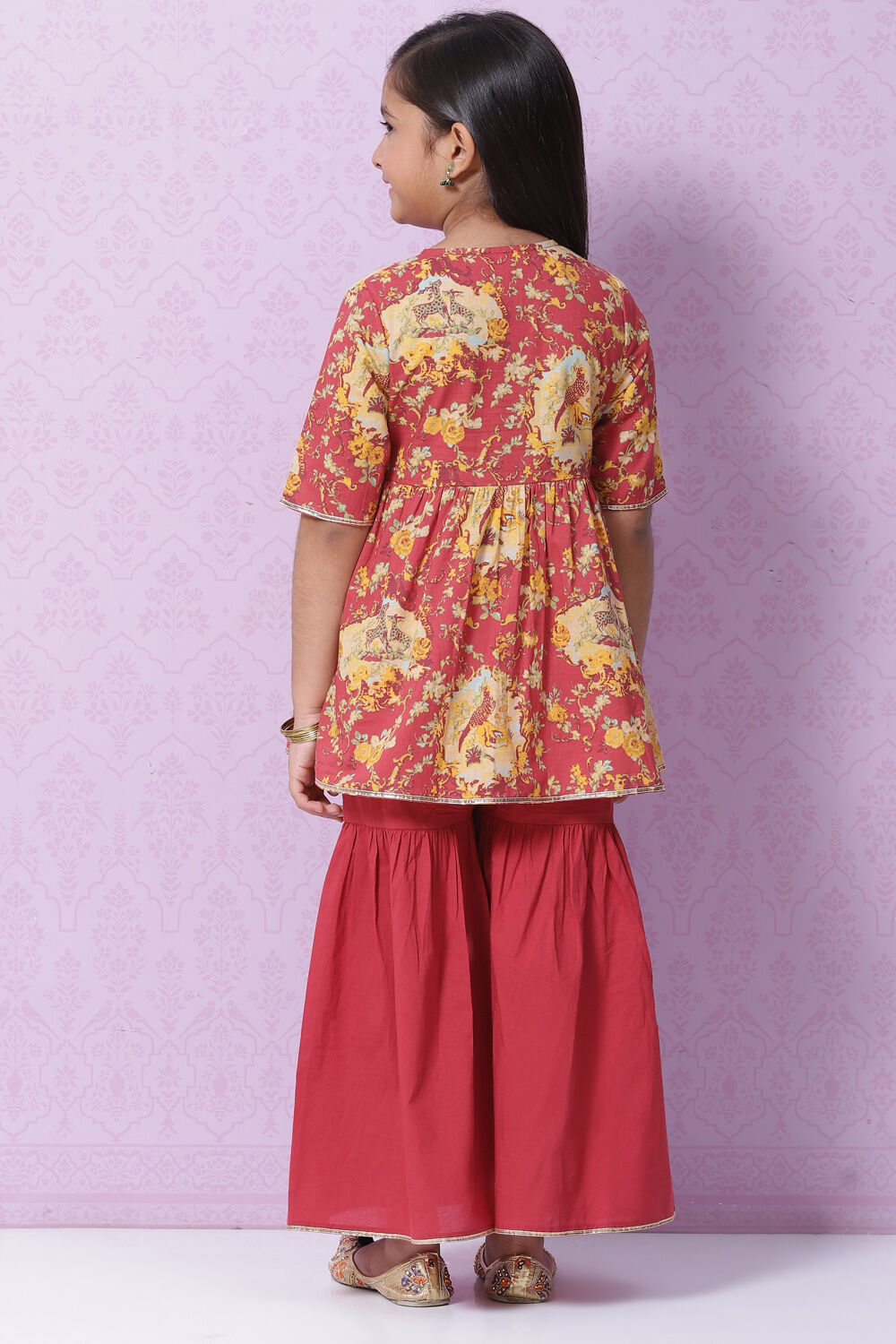 Red Cotton Flared Printed Kurta Set image number 4