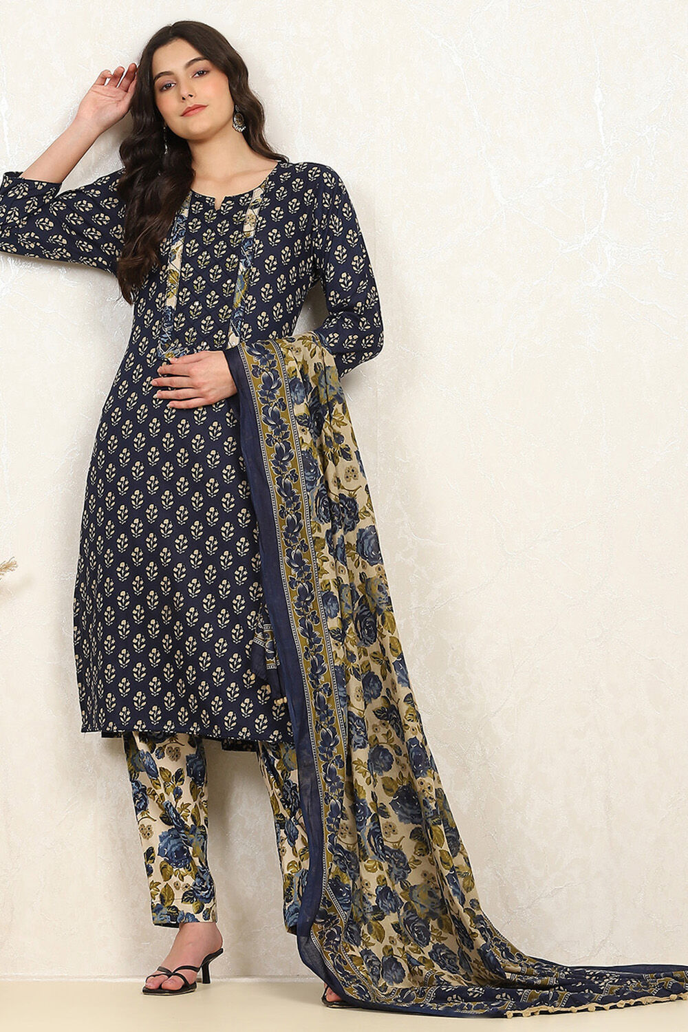 Blue Cotton Printed Unstitched Suit Set image number 1