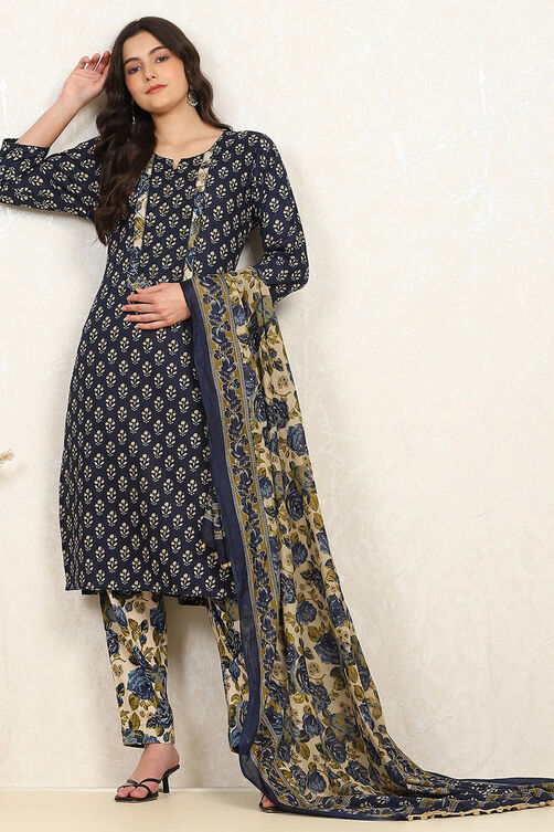 Green Cotton Printed Unstitched Suit Set image number 1