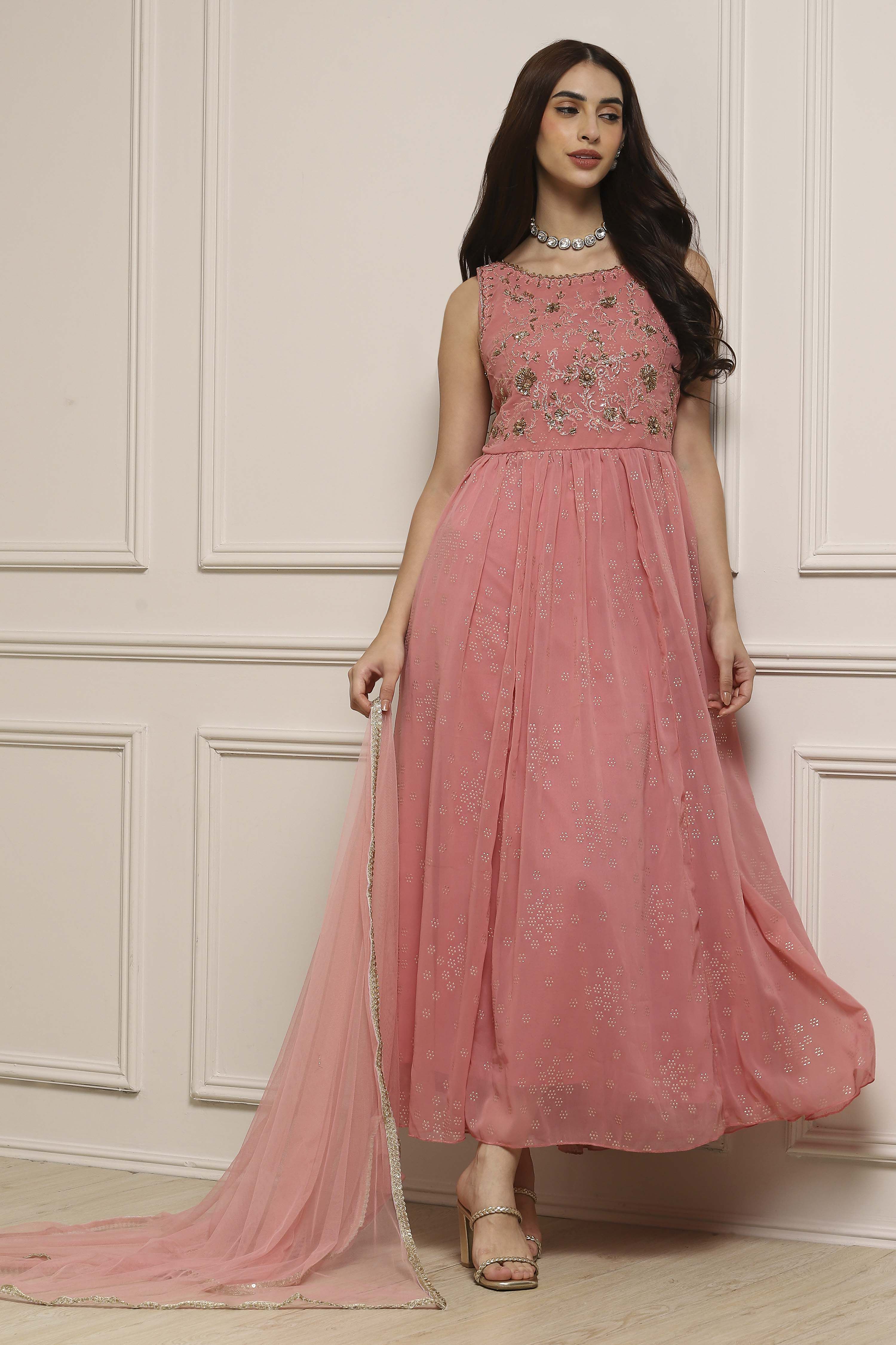 Blush Pink Polyester Flared Solid Dress image number 0
