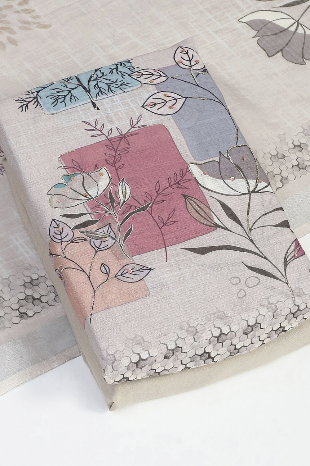 Wine Linen Blend Machine Embroidered Unstitched Suit Set image number 5