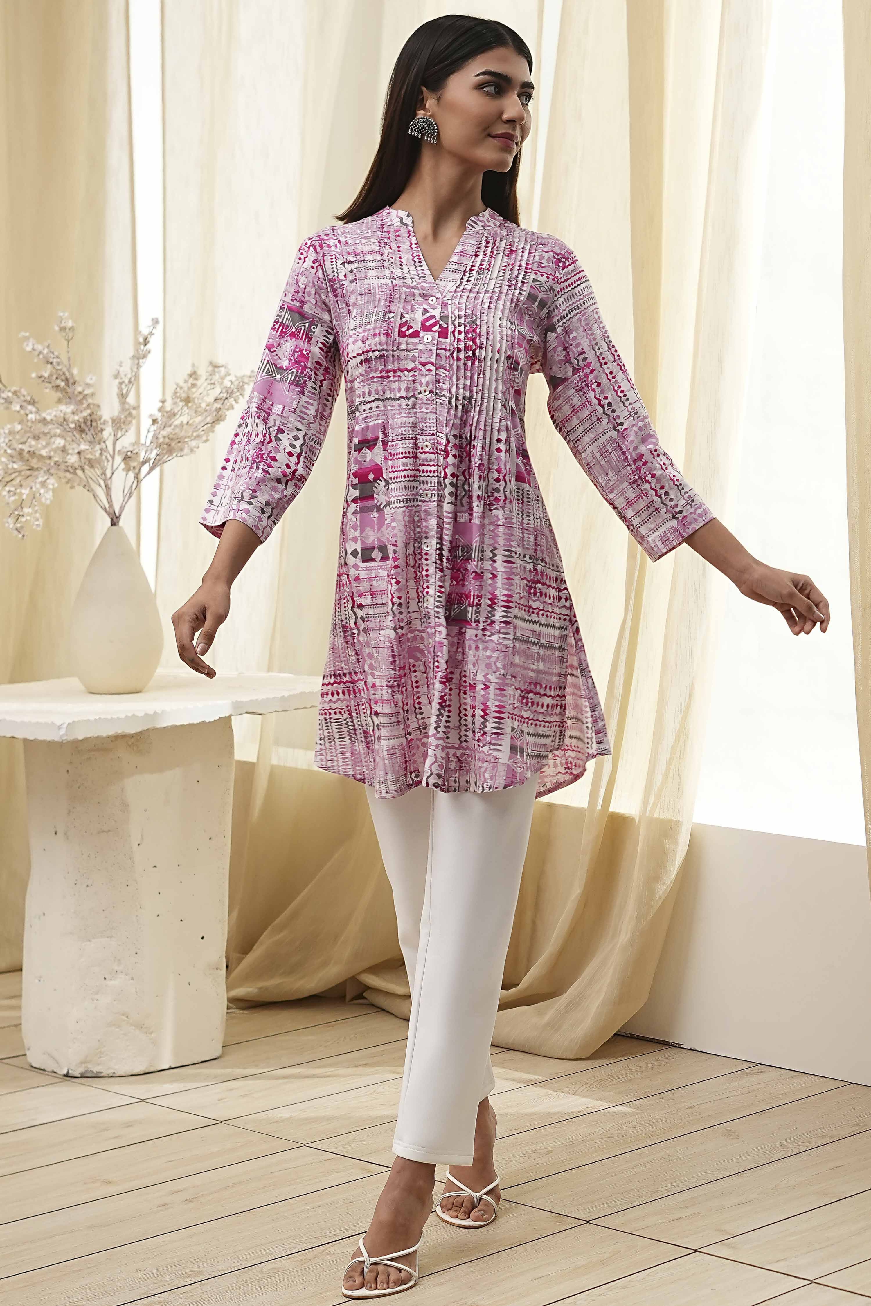 Pink Printed Straight Short Kurta image number 0