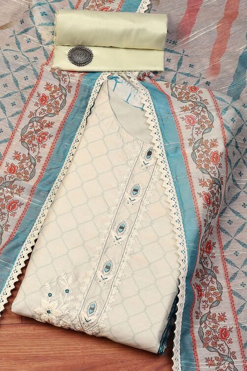 Beige Chanderi Blend Machine Embroidered Unstitched Suit Set image number 0