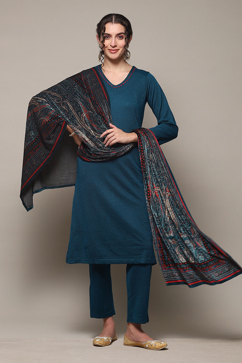 Peacock Blue Acrylic Straight Kurta Pants Suit Set image number 0