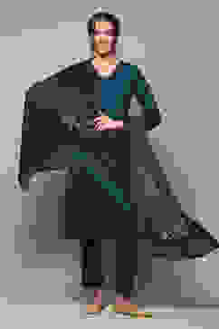 Peacock Blue Acrylic Straight Kurta Pants Suit Set image number 0