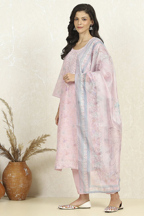 Light Pink Chanderi Unstitched Suit Set image number 7