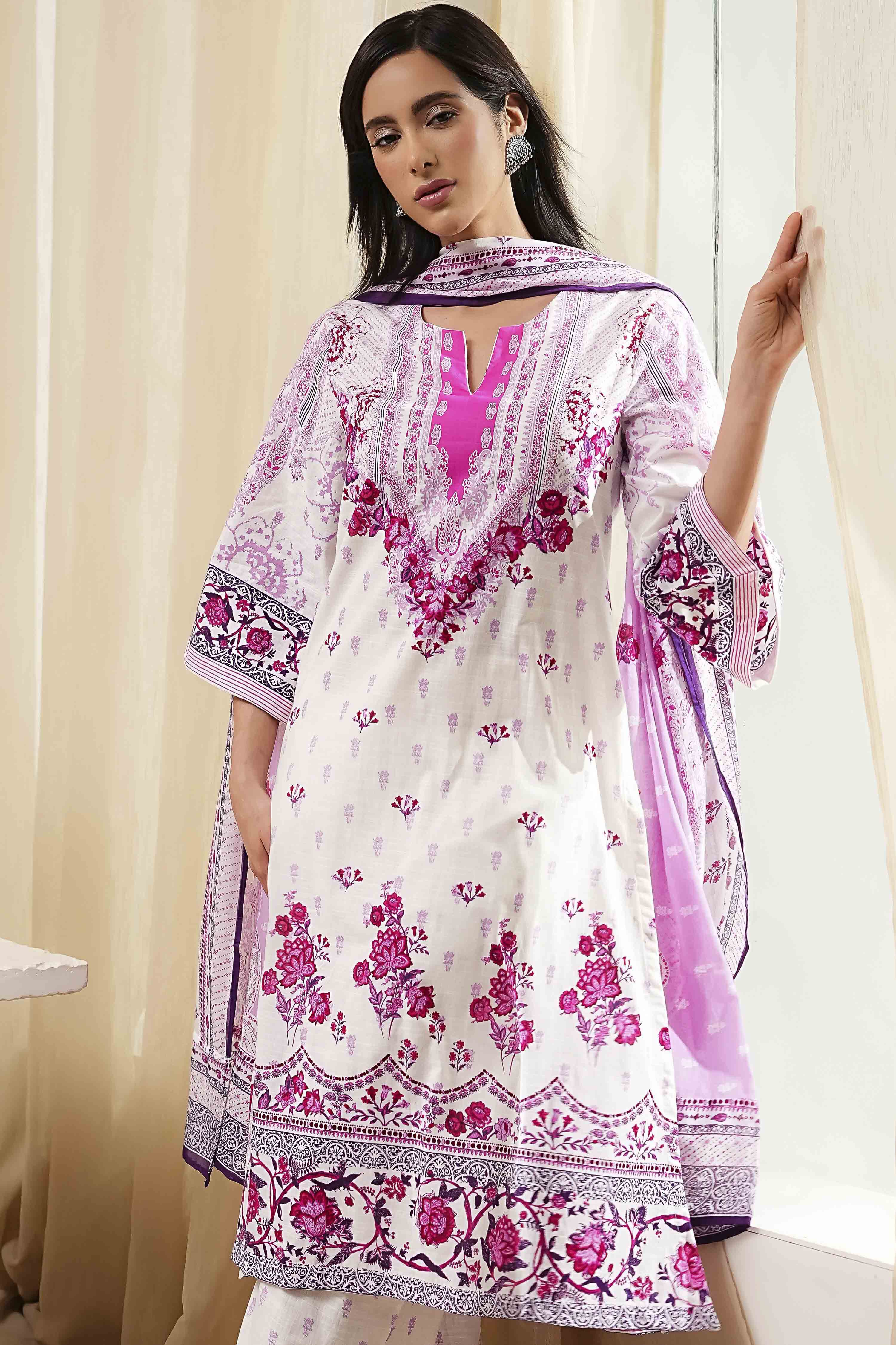 White and Pink Cotton Printed Straight Suit Set image number 7