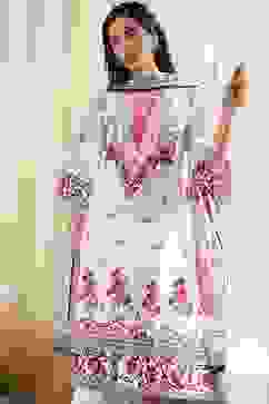 White and Pink Cotton Printed Straight Suit Set image number 7