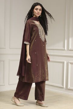 Wine Viscose Rayon Straight Solid Suit Set image number 5