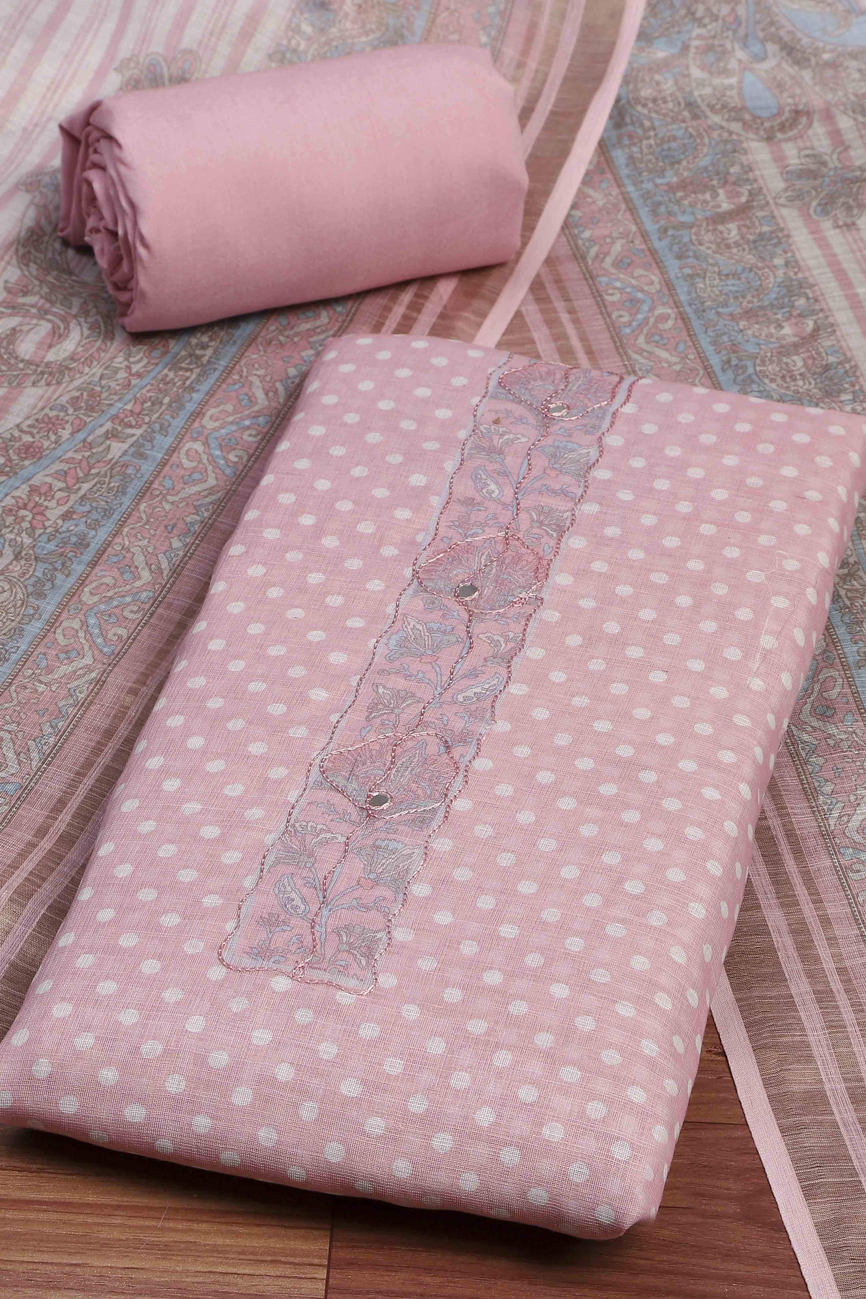 Pink Linen Unstitched Suit Set image number 1