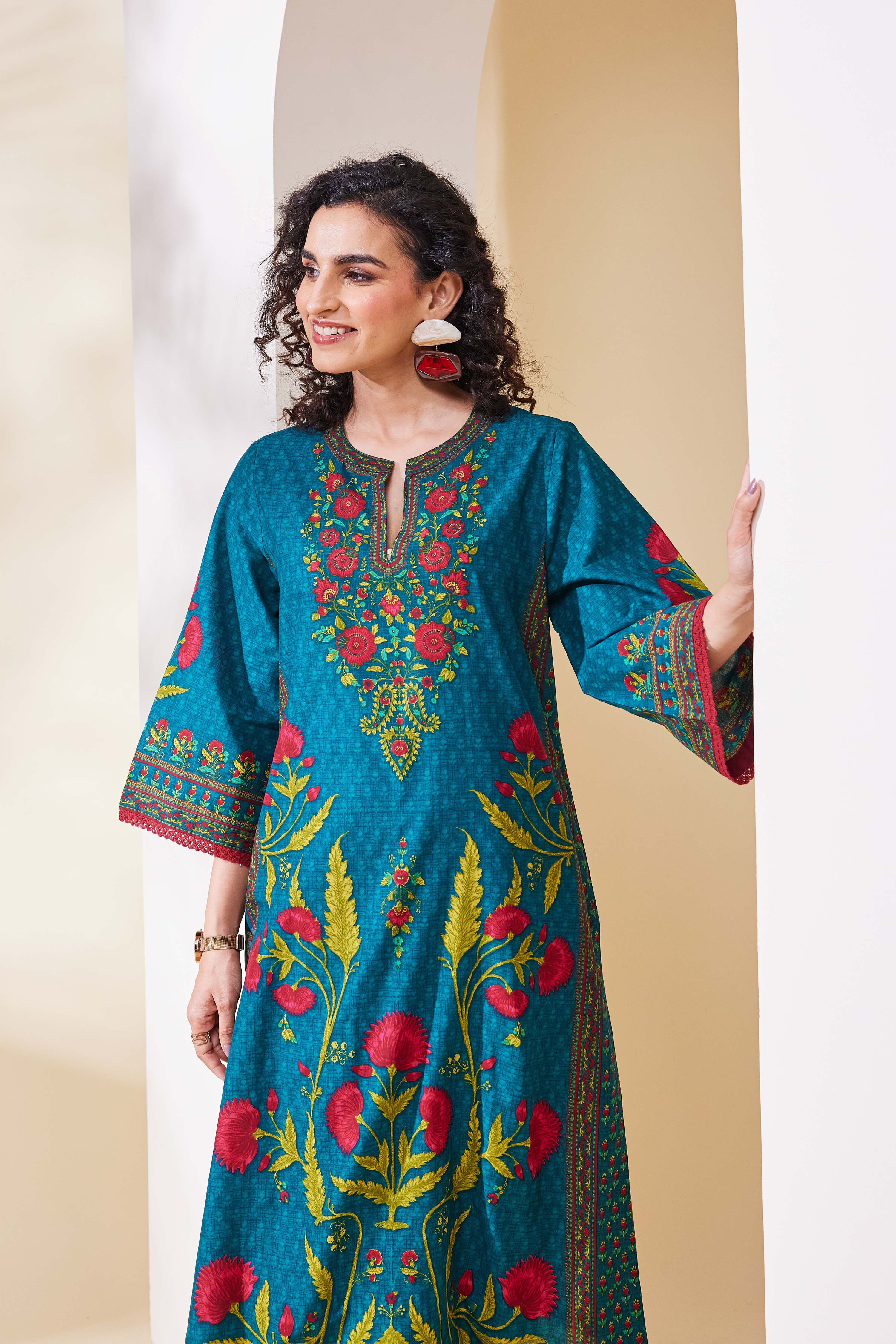 Teal Blue Cotton Printed Straight Kurta image number 5