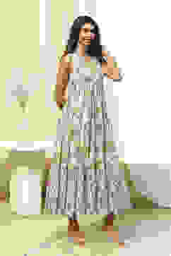 Off-White and Green Cotton Floral Tiered Dress image number 4