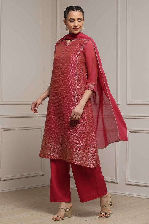 Pink Cotton Blend Printed Straight Suit Set image number 3