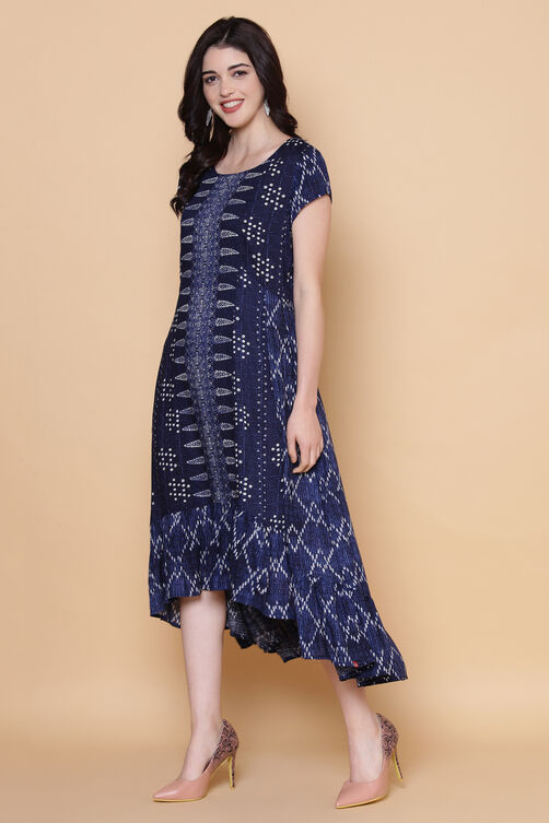 Indigo Rayon Kurta A-line Printed Kurta Dress image number 4