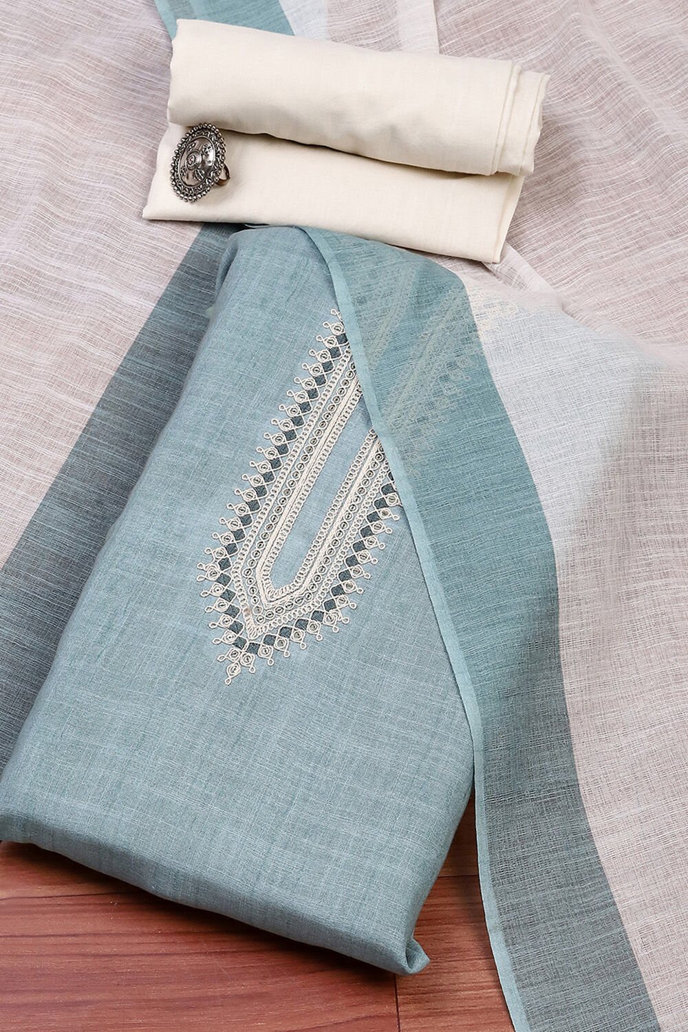 Teal Cotton Unstitched Suit Set image number 0