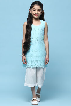 Sky Blue Schiffli Cotton Kurta & Palazzo image number 5