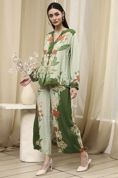 Green Viscose Blend Straight Printed Fusion Set image number 3