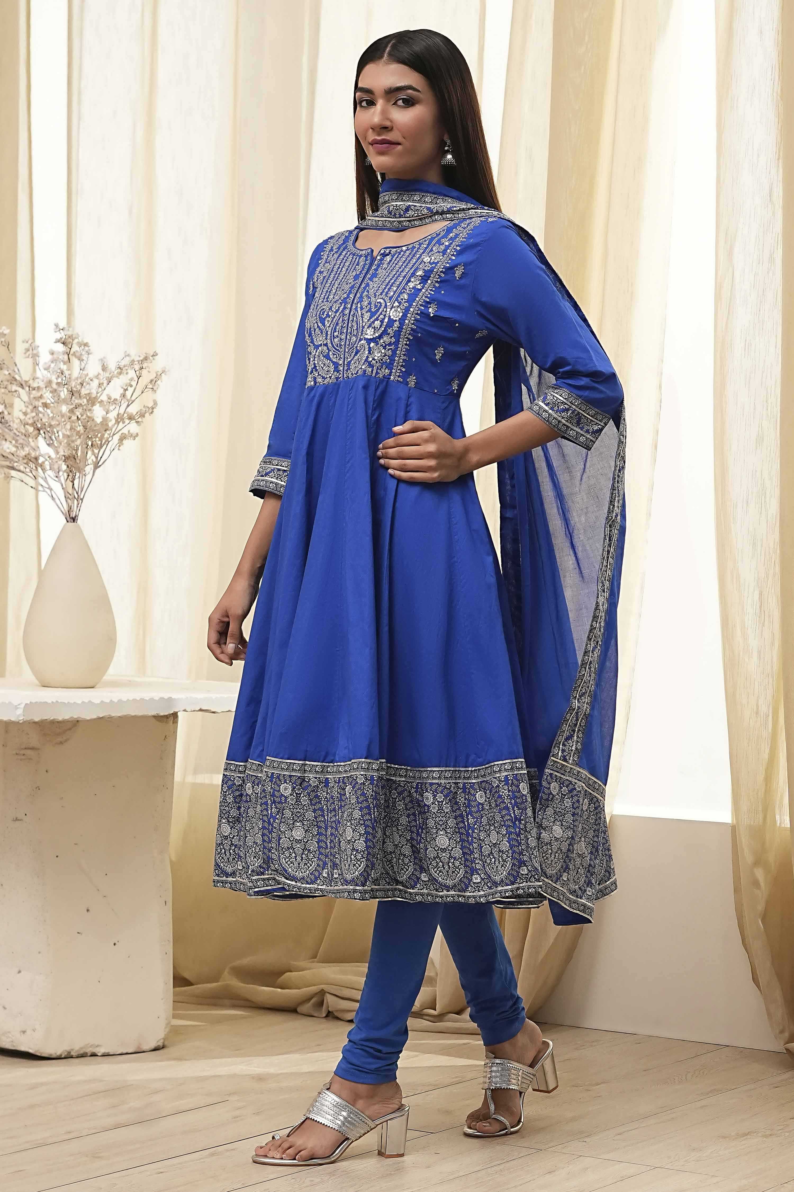 Blue Cotton Embroidered Anarkali Suit Set image number 3