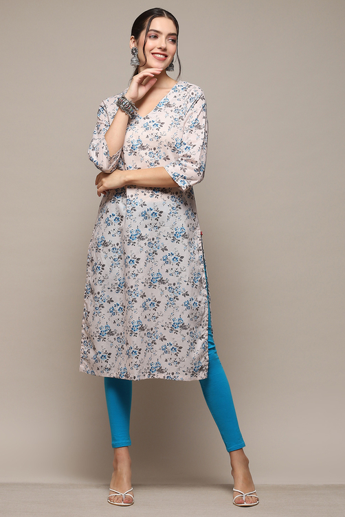 Cream Cotton Blend Floral Printed Straight Kurta image number 0