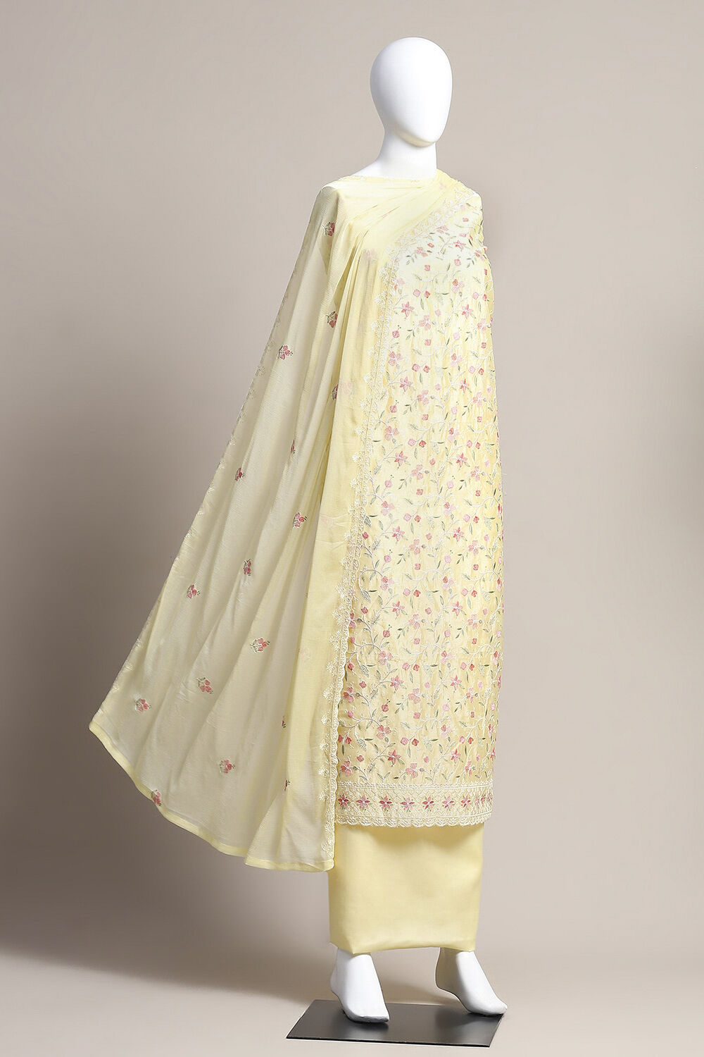 Yellow Chanderi Blend Unstitched Suit Set image number 0