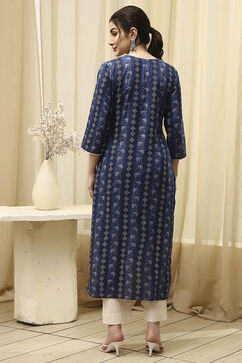 Navy Blue Cotton Handloom Unstitched Suit Set image number 5