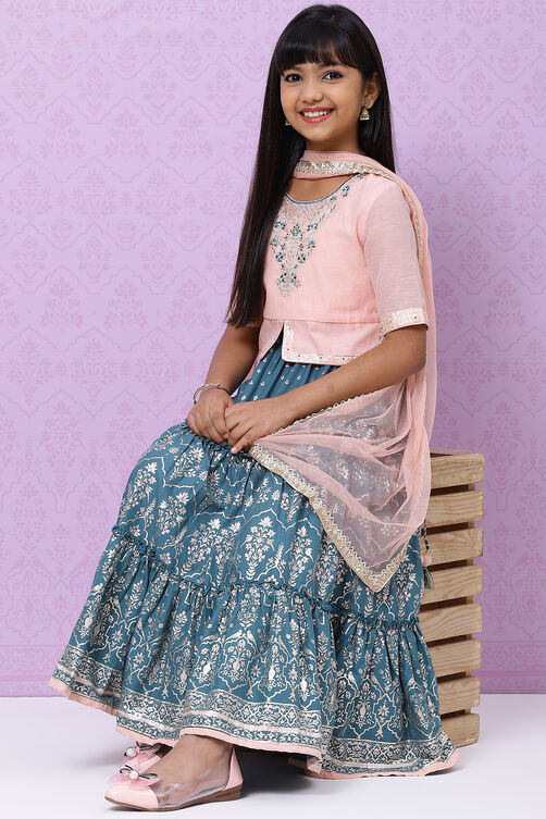 Peach And Teal Straight Poly Cotton Girls Lehenga Set image number 6