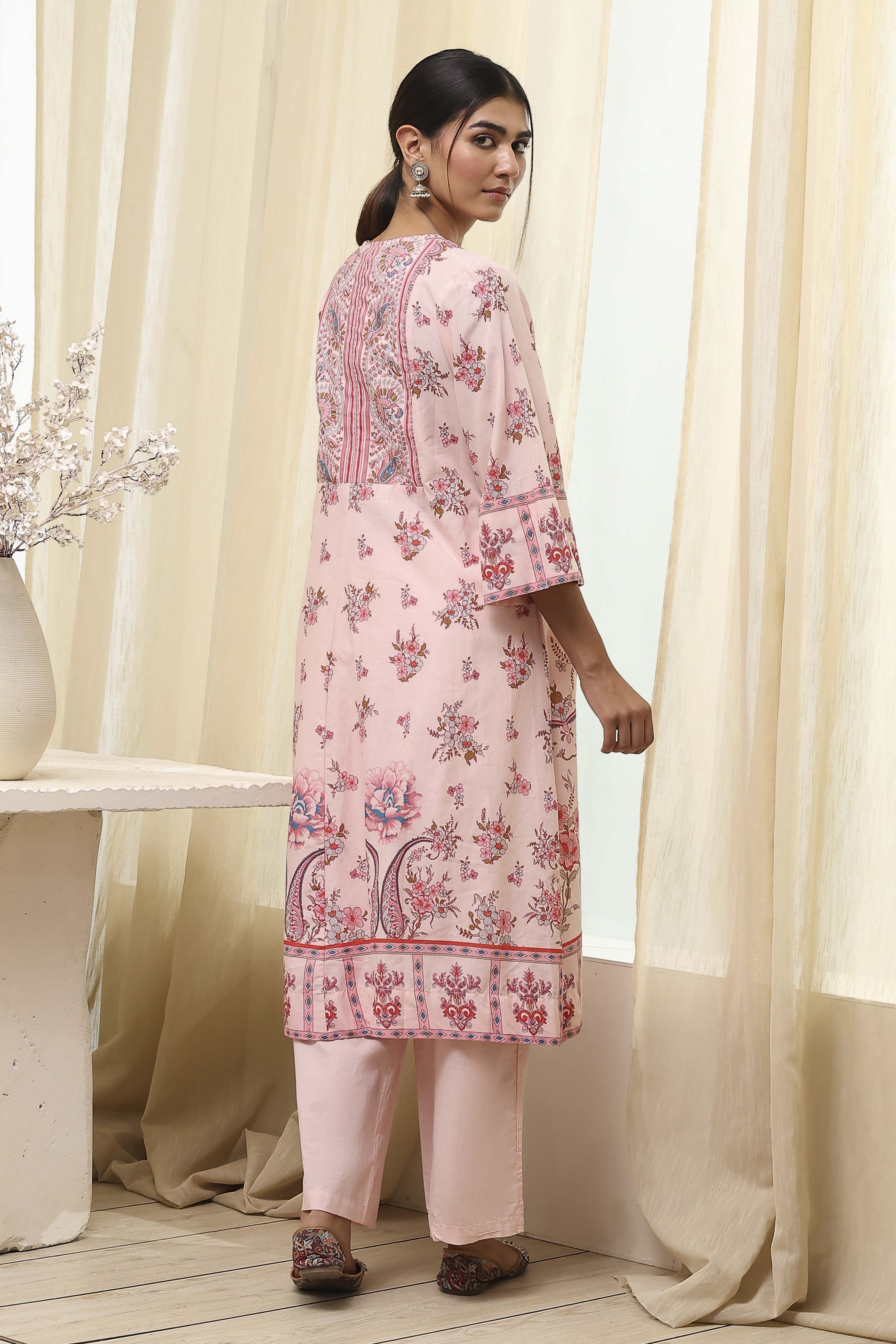 Peach-Colored Cotton Floral A-Line Kurta Set image number 4