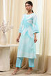 Turquoise Viscose Blend Straight Printed Fusion Set image number 3