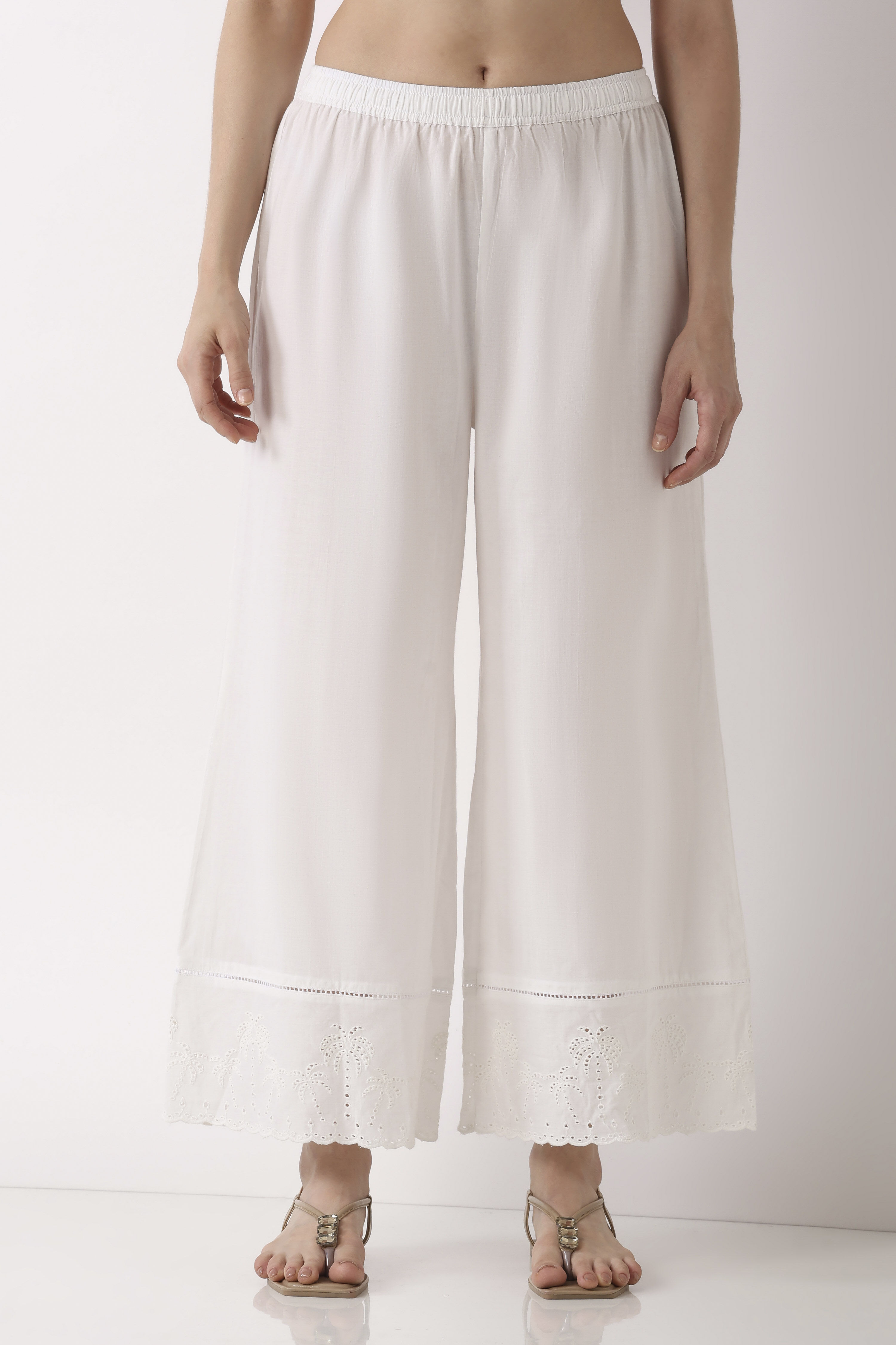 White Cotton Flared Palazzos image number 4