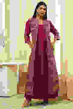 Plum Art Silk Flared with Cape Printed Dress image number 6