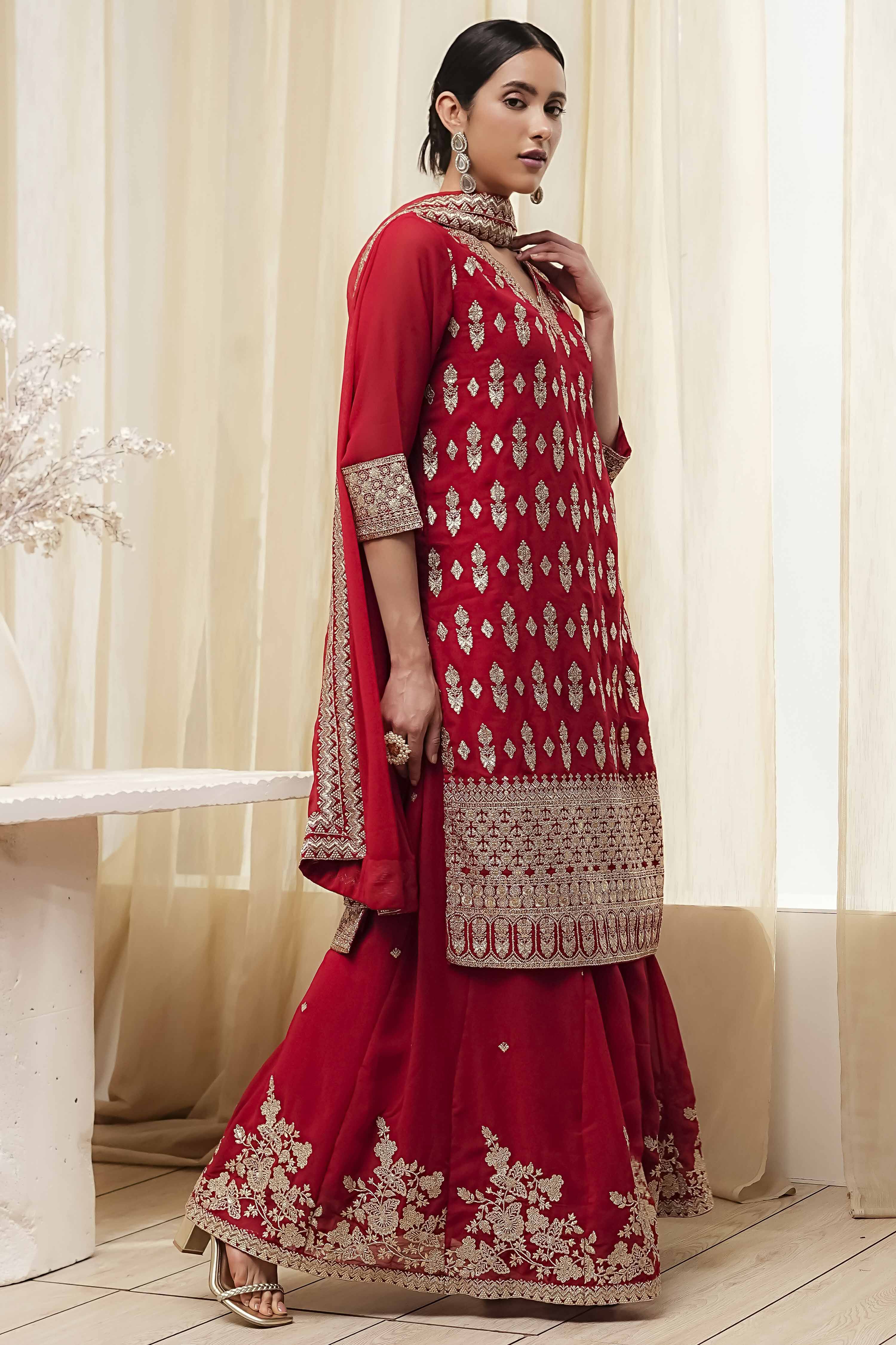 Red Embroidered Straight Suit Set image number 6