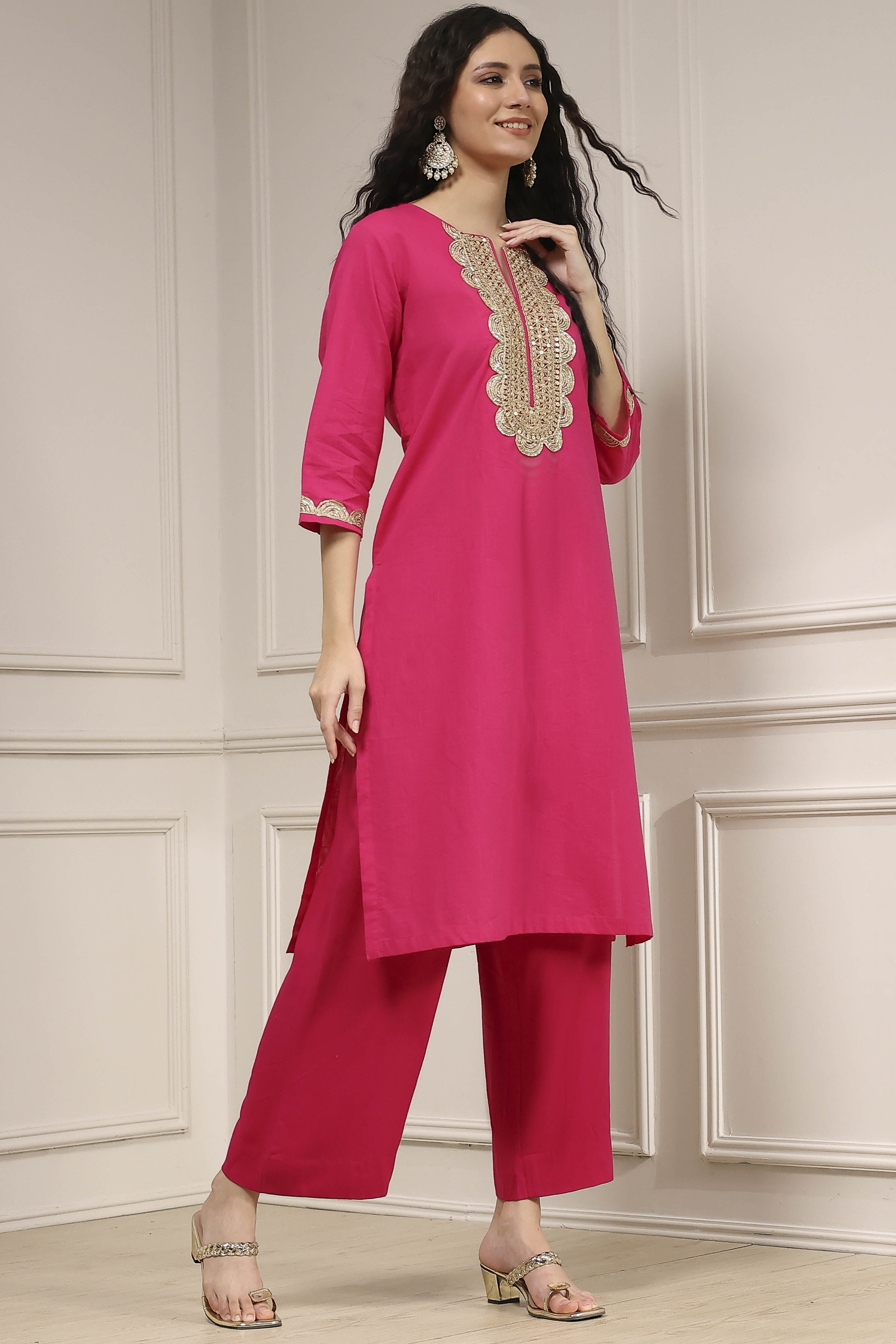 Fuchsia Cotton Solid Straight Kurta image number 5