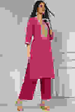 Fuchsia Cotton Solid Straight Kurta image number 5