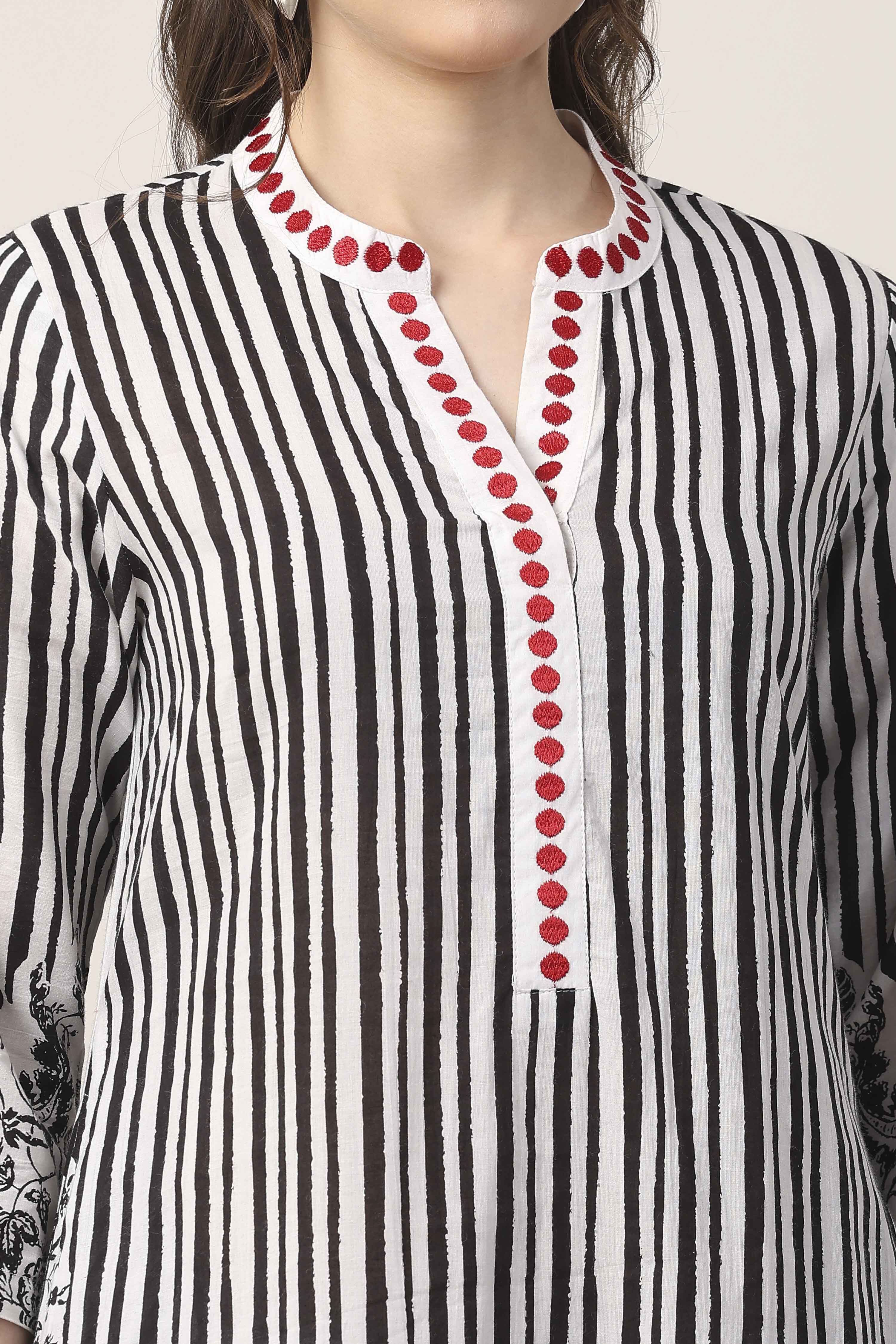 Black Cotton Floral Striped Straight Suit Set image number 1