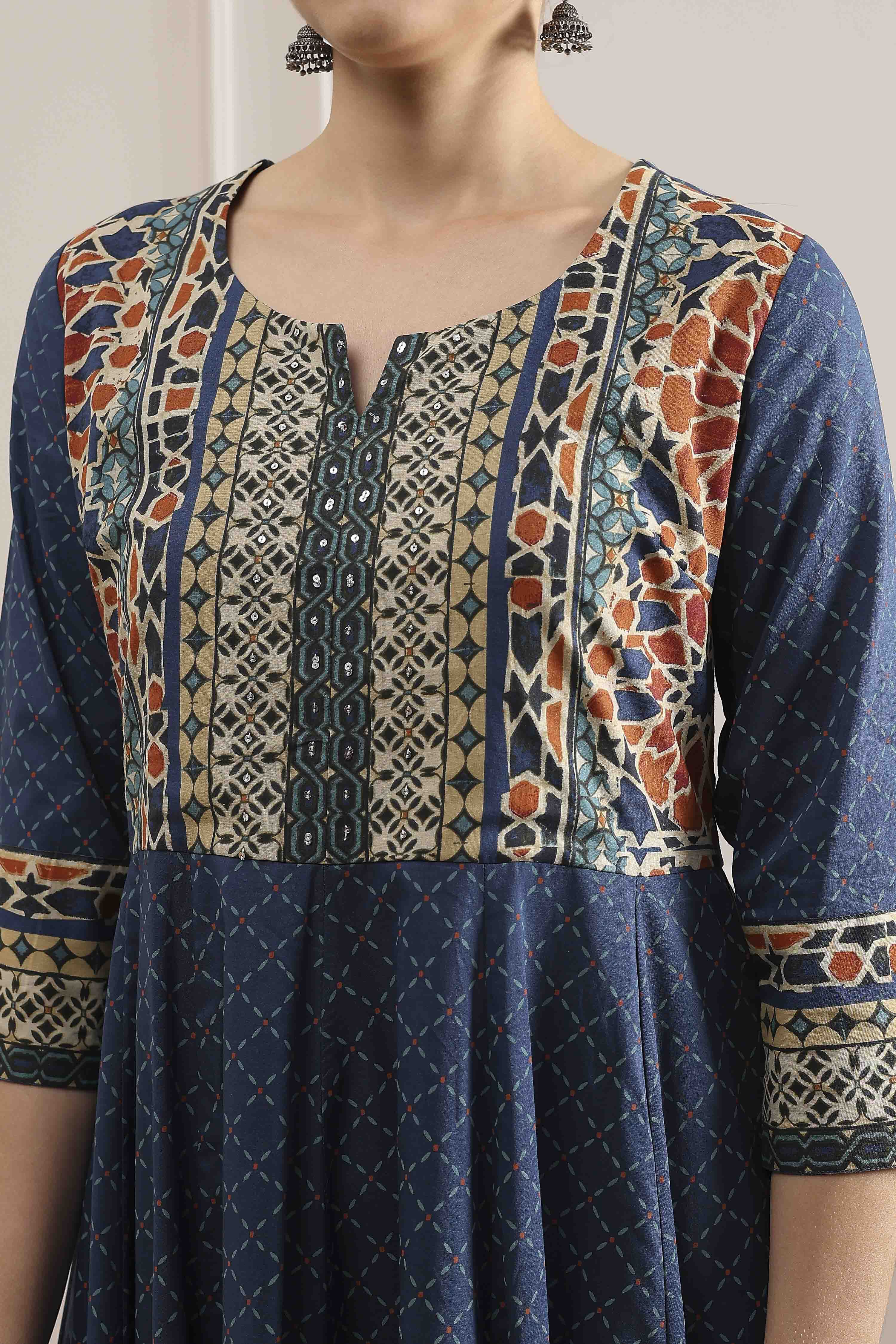 Indigo Cotton Printed Anarkali Suit Set image number 1