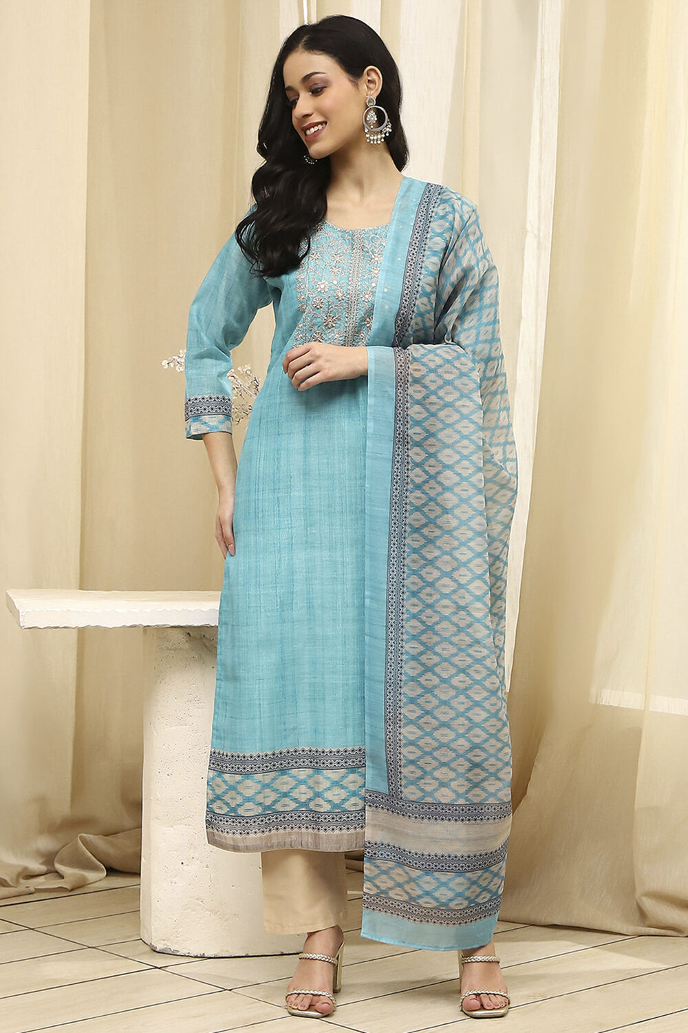 Teal Cotton Machine-Embroidered Unstitched Suit Set image number 7