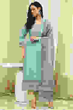 Teal Cotton Machine-Embroidered Unstitched Suit Set image number 7