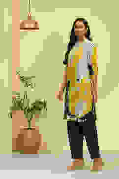 Lime Green and Grey Floral Printed Fusion Kurta Set image number 3