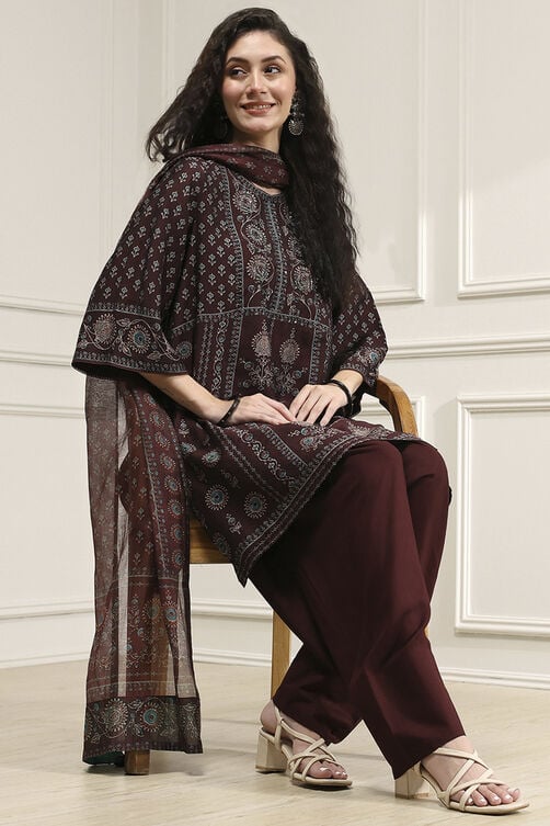 Brown Printed Straight Suit Set image number 0