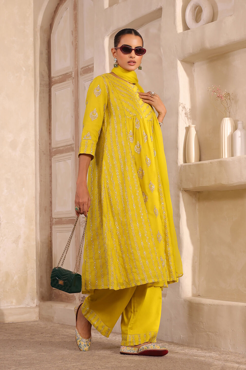Lime Yellow Chanderi Embroidered Gathered Suit Set image number 5