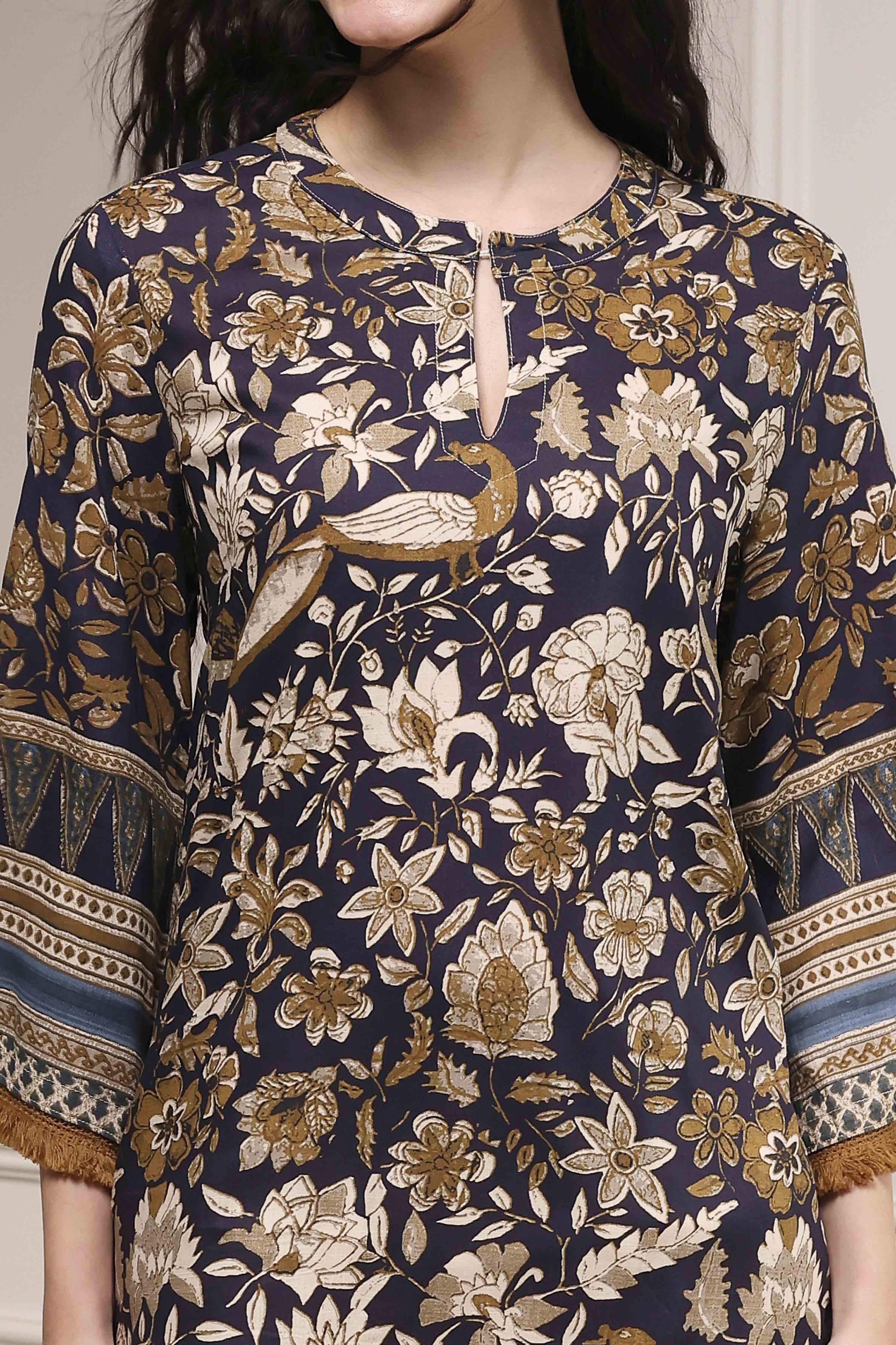 Navy Blue Printed Straight Kurta image number 1