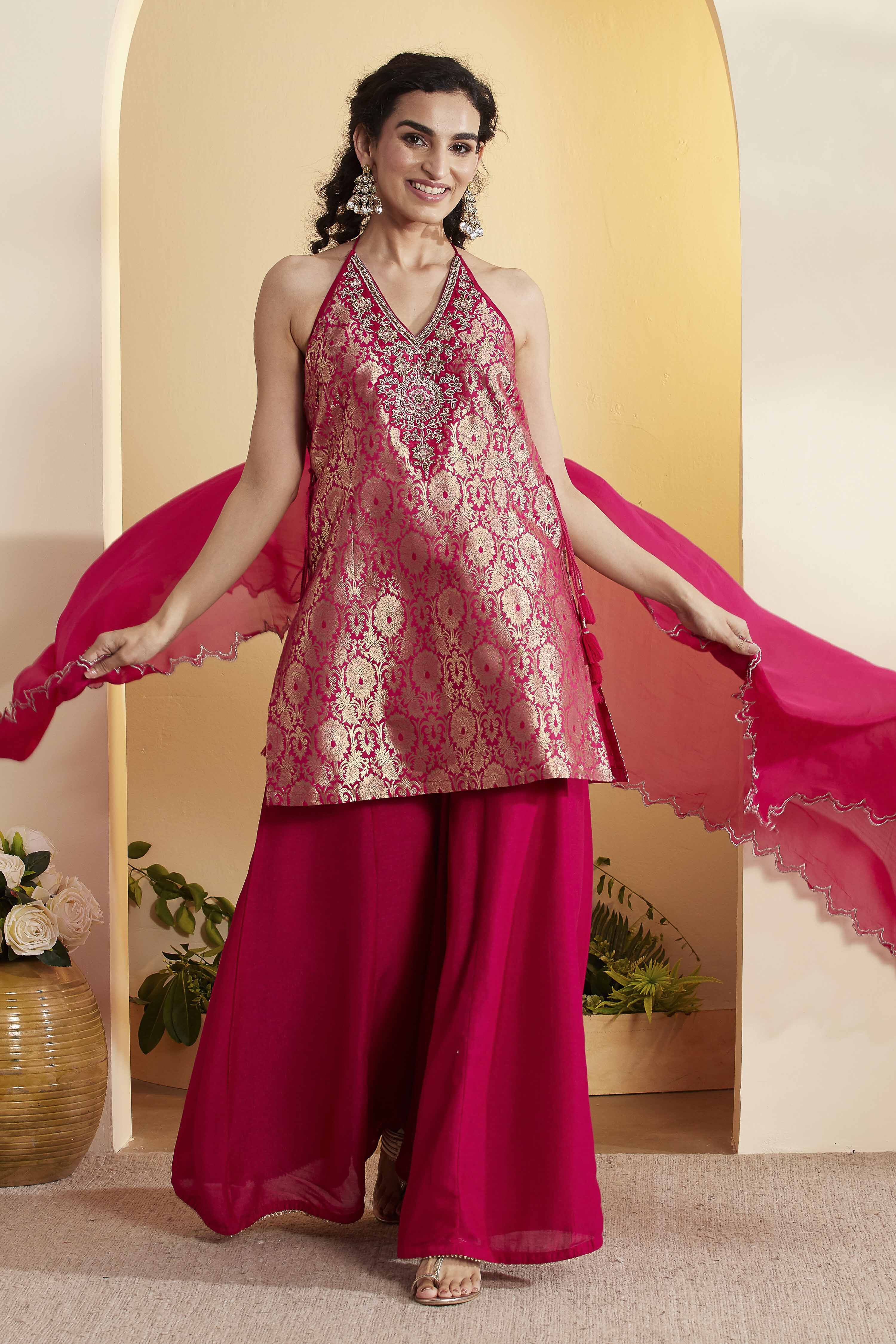 Fuschia Viscose Rayon Straight Suit Set image number 6